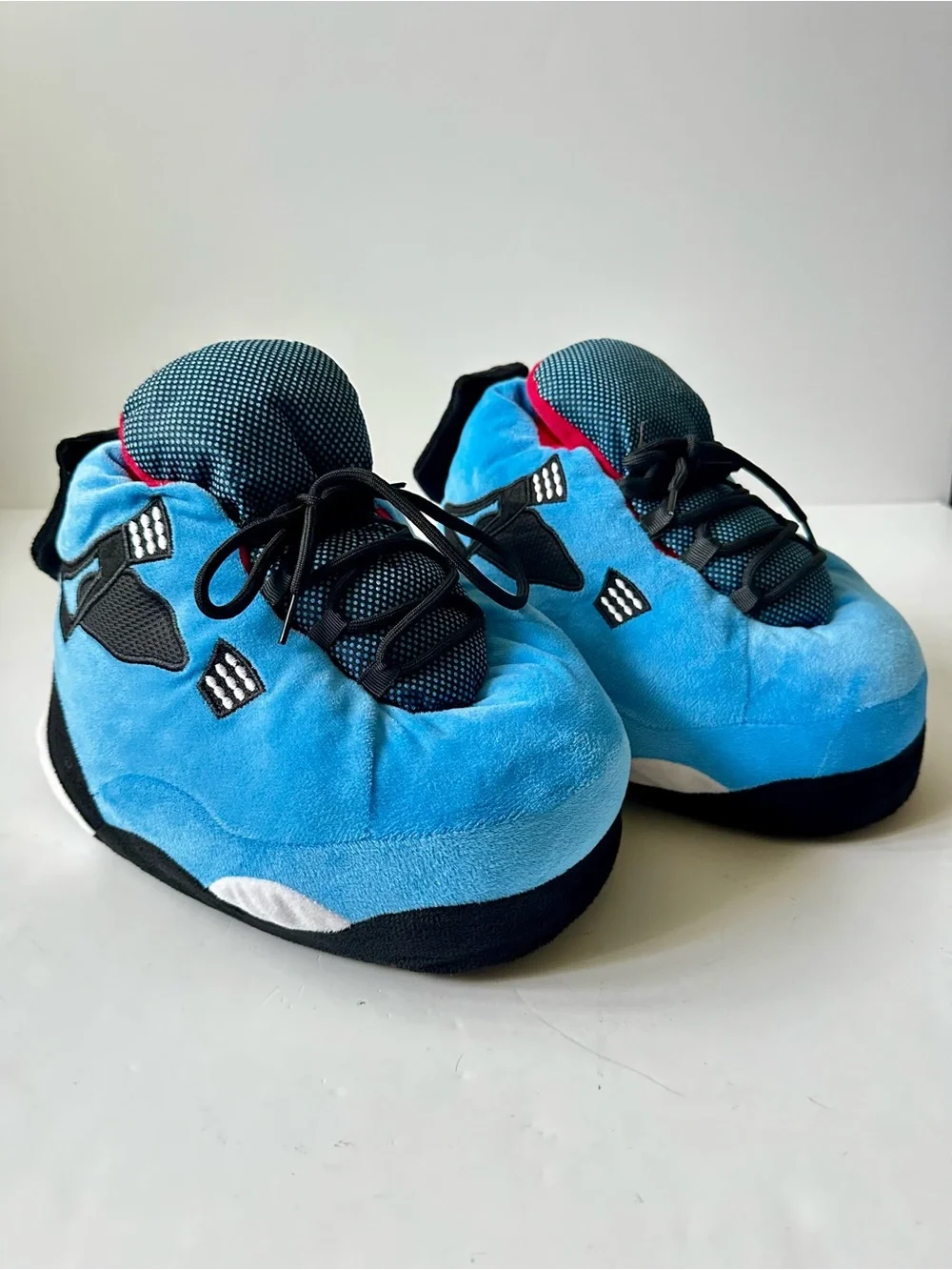 Plush Sneaker Slippers Men 7.5 Women 9 Blue Black Slip On Cozy House Shoes